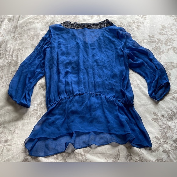 Cache Y2K Blue Beaded Drop Waist Tunic Top Large Gauzy Boho Office Fairycore - Picture 7 of 7